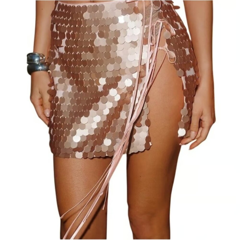 Flat White Anthropologie Pink‎ Quartz Sequin Mini Skirt Slit Side Tie Small - Picture 2 of 10